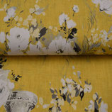 Canvas/Dekostoff Leinenoptik gelb -Blumen weiß grau