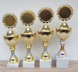 #2024-025 Pokal mit hellem marmorierten Fuß, silbergold farbenem Sockel, Gold farbenem Cup mit Deckel