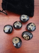 6 Wicca/Hexenrunen, schwarzer Achat mit Samtbeutel