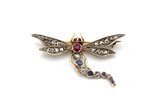 14 Karaat gouden met zilver broche in de vorm van een libelle, bezet met roosdiamanten, robijn en saffieren.