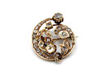 14 Karaat gouden ronde broche bezet met roosdiamanten, ca.1.56 ct.