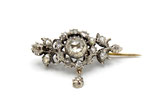 14 Karaat goud en zilveren broche met pampel, bezet met roosdiamanten, ca.1.10 ct.