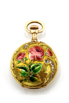 14 Karaat gouden dames remontoir, versierd met emaille rozen en roosdiamanten, Frankrijk ca.1900.