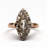 14 Karaat gouden markies ring bezet met roosdiamanten, ca.1.20 ct.