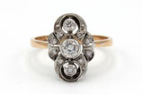 14 Karaat gouden Art Deco ring bezet met oudslijpsel diamanten, ca.0.40 ct.
