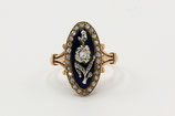 14 Karaat gouden ovale ring met roosdiamanten op blauw glas, ca.1880.