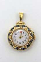 18 Karaat Engels gouden dames horloge, versierd met blauw en wit emaille en roosdiamanten, George Stockwell Londen 1911.