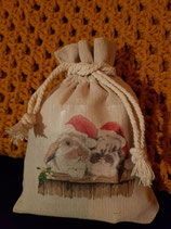 KERST - Katoenen zakje 'konijnen met kerstmutsjes'