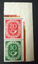 Bund 0130 + 0128 ZDr S9    20 + 10 Pf Posthorn **  - Zusammendruck   vom Eckrand oben rechts aus MHB