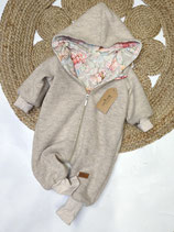 Wollwalkoveral beige meliert/ pastel Blumen 74/80