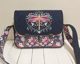 grande besace cartable pour femme en faux cuir bleu marine, tissu  fleuri, broderie libellule