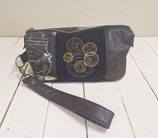 trousse de toilette moyenne pour homme, faux cuir anthracite, toile de coton noire, broderie engrenages, rouages, style industriel, steampunk