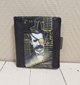 Portefeuille compact homme, faux cuir anthracite,tissu gris foncé style industriel, steampunk 2 volets