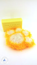 Eponge Tawashi patte de chat en fil fantaisie au crochet