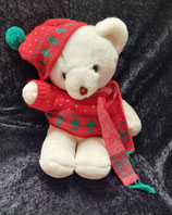 HEUNEC /  Winter Teddy weiß sitzend Pullover Schal Mütze rot