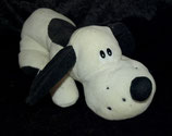alter Hund aus Nicki liegend weiß mit Schwarz 27 cm