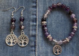 Amethyst-Fluorit Armband & Ohrringe mit Yggdrasil/Lebensbaum/Weltenbaum