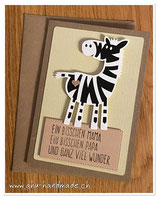Karte Baby "Ein bisschen Mama, ein bisschen Papa, ..." Zebra gelbgrün