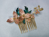 Peigne fleuri métallisé, rose et vert