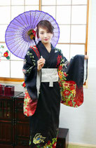 ＫＩＭＯＮＯ03/ 業者様割引不可：レディース着物セット 黒牡丹（髪飾り、着物、帯、帯紐、扇子、足袋SET）