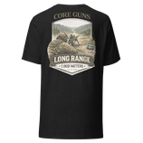 Core Guns "Long Range 1" schwarzes Tshirt mit Rückendruck - Essenzielles Unisex T-Shirt | Bella + Canvas 3001
