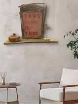 Etagère murale en bois flotté et plaque émaillée "TOUS LES JOURS JE T'AIME"
