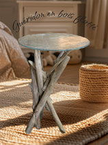 Table ronde en bois flotté et plateau en verre