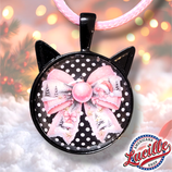 Pendentif Noël chat Noeud Rose avec cordon