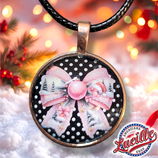 Pendentif Noël Noeud Rose pois avec cordon