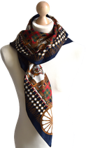 Vintage foulard, shawl, blauw/rood/groen/wit