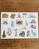 Planche stickers voyage Monuments Monde (Singapour, Japon, Chine)