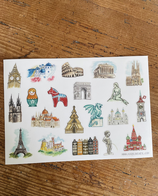 Planche stickers voyage Monuments Europe (Budapest, Rome, Moscou)