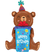 Palloncino in Foil 48" Super Shape Happy Birthday Orsetto con Pacco Regalo