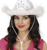 Cappello da Cowgirl Bianco con Piume e Diadema Argento