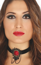 COLLANA TESSUTO NERO CON ROSA SU PENDOLO