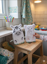 Gants de toilette en éponge motifs animaux
