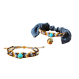 #491Cappadocia デニムお得なセット（ターコイズ・トルコ石　マクラメ編みブレスレット＋猫さん用アクセサリー/首輪）