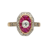 14 Karaat gouden Art Deco ring bezet met oudslijpsel diamant, roosdiamantjes en synthethische robijnen.