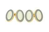 9 Karaat gouden manchetknopen met guilloche en blauw-wit emaille, Longmire, Londen.