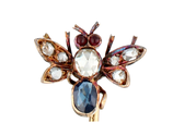 14 Karaat gouden dasspeld bezet met insect met saffier, robijn en diamanten, ca.0.20 ct.
