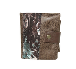 Portefeuille compact homme, faux cuir taupe, tissu imprimé forêt, 3 volets