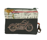 Petit porte-monnaie homme  broderie moto vintage, toile coton kaki, porte-clés mousqueton