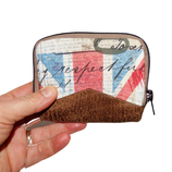 Mini portefeuille zippé pour homme, tissu beige vintage avec drapeau anglais, faux cuir camel  porte-cartes  portefeuille minimaliste