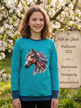 Handmade Pullover Gr. 152 Pferdekopf Bügelbild mitwachsend