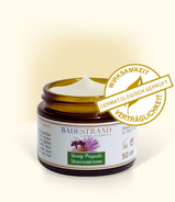 Produktabbildung: „Honig Propolis Universalcreme“, Motiv Biene und Wabe, im Braunglastiegel 50 ml, geöffnet.  Mit „Siegel – Wirksamkeit und Verträglichkeit dermatologisch geprüft“.