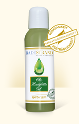Produktabbildung: „Oleo Hautglättegel“, Motiv Olive PET-Flasche 115 ml, Beschriftung „spürbar glatt“. Mit „Siegel – Wirksamkeit und Verträglichkeit dermatologisch geprüft“.