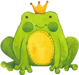 Ein niedlicher, grün-gelber Frosch mit Krone lächelt freundlich für den Kurs "Babyhandling und Pflege"