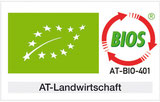 EU-Logo Blatt auf grünen Hintergrund. BIOS-Logo Kreis aus roten Pfeilen mit Kontrollnummer
