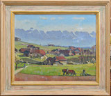 Dorflandschaft mit Bauernszene und Stockhornkette