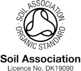 Soil Association Organic Standard Zertifizierung – Logo mit Lizenznummer DK19090 für biologisch zertifizierte Textilien.